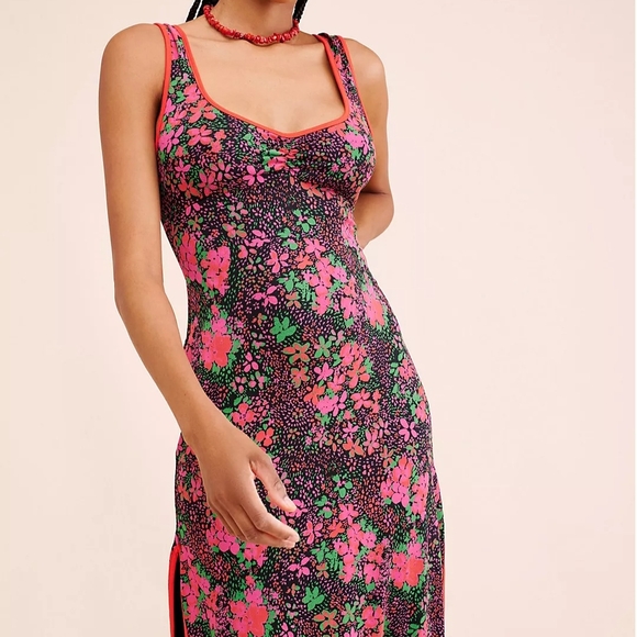 Free People Pink and Green Midi Dress with Floral Design Like New. - Picture 1 of 3